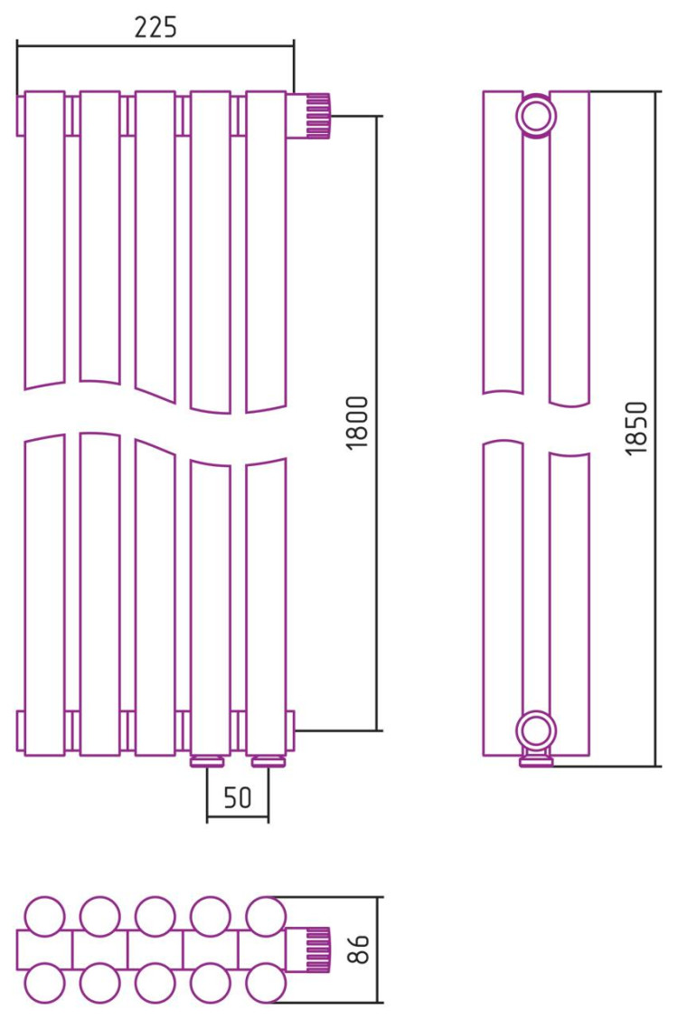 Отопительный радиатор Сунержа Эстет-11 EU50 1800х225 5 секций Матовый чёрный
