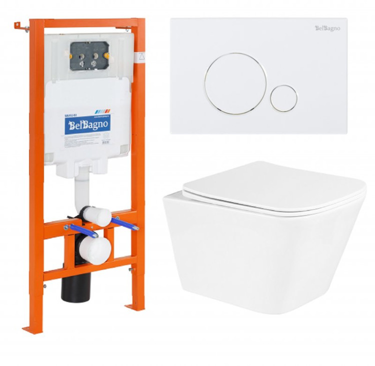 Унитаз подвесной с сиденьем BelBagno DUE + Система инсталляции для унитазов с кнопкой смыва BB014-SR-BIANCO Cezares BB3103CHR/SC/BB002-80/BB014-SR-BIANCO