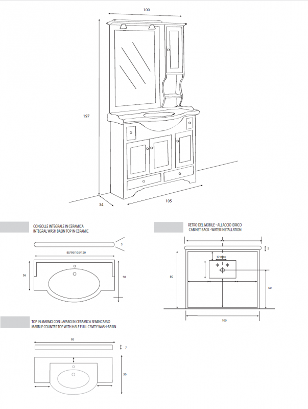 База под раковину с двумя выдвижными ящиками и тремя распашными дверцами 100x59x80 Cezares V105I.03