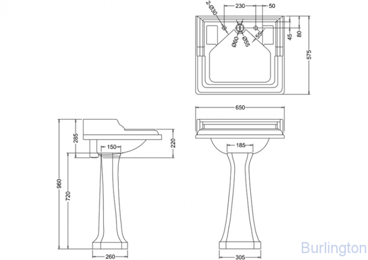 Классическая раковина со скрытым сливом-переливом на 2 отверстия с пьедестал Regal