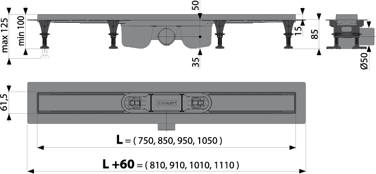 Водоотводящий желоб с порогами для перфорированной решетки или решетки под кладку плитки Alcadrain APZ12 Optimal