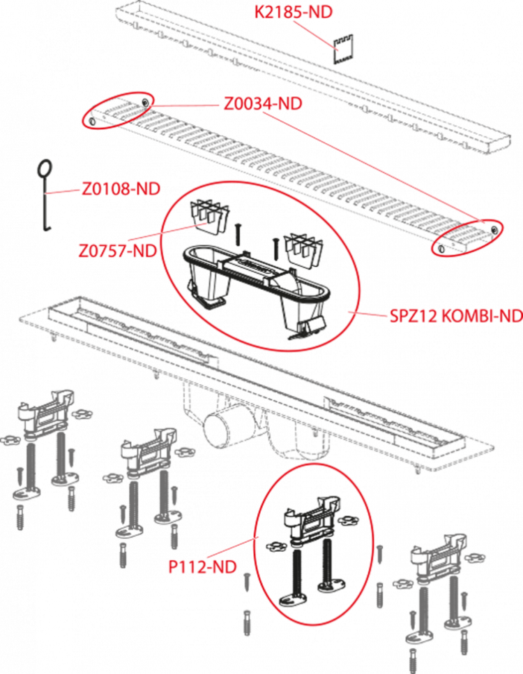 Водоотводящий желоб с порогами для перфорированной решетки или решетки под кладку плитки Alcadrain APZ12 Optimal