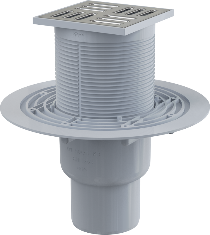 Сливной трап 105×105/50/75 мм прямой сток, решетка из нержавеющей стали, гидрозатвор комбинированный SMART Alcadrain APV2321