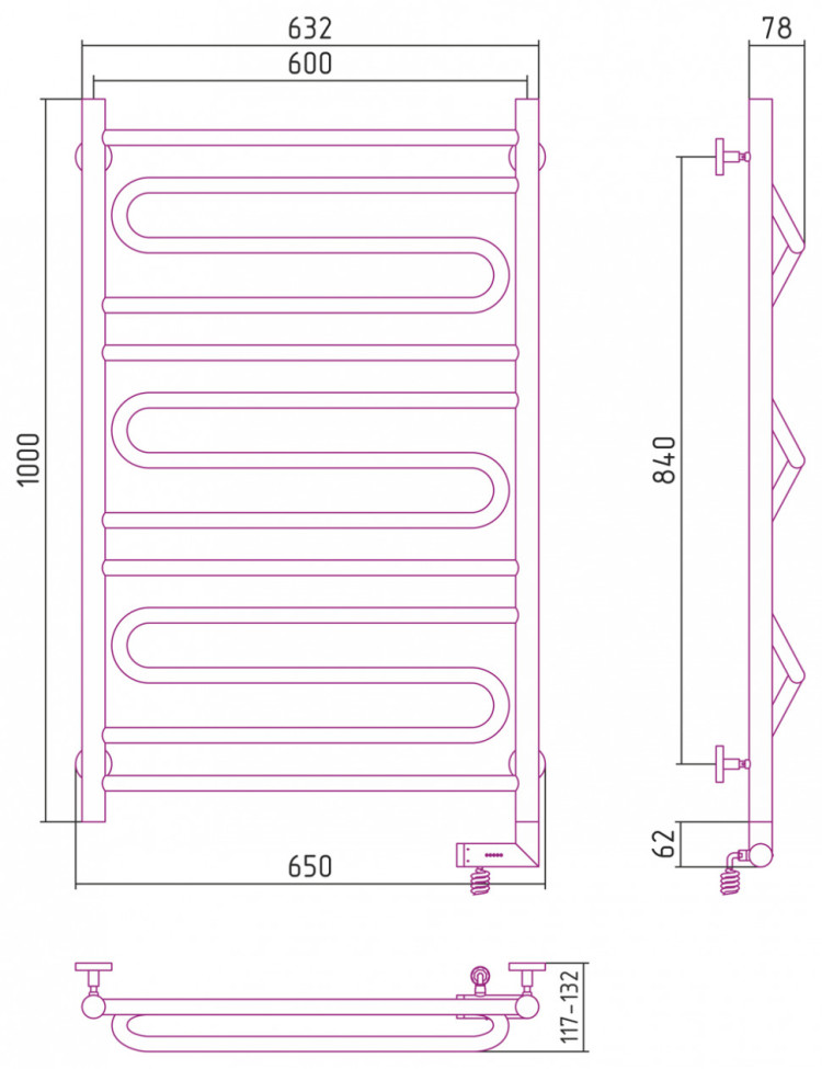Полотенцесушитель электрический Сунержа Элегия 2.0 1000х600 МЭМ правый Без покрытия