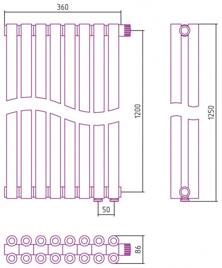 Отопительный радиатор Сунержа Эстет-00 EU50 1200х360 8 секций Сатин