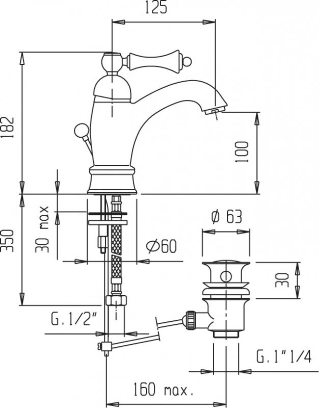 Смеситель для раковины удлиненный с донным клапаном Cezares MARGOT-LSM1-A-01-Bi