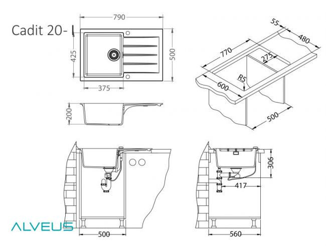 Мойка ALVEUS GRANITAL CADIT 20 CONCRETE - G81 790 X 500  1X в комплекте с сифоном 1132823,