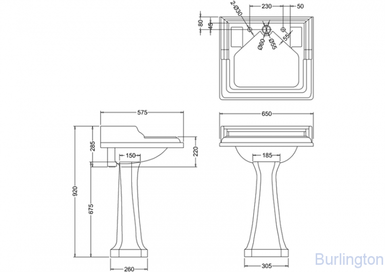 Классическая раковина со скрытым сливом-переливом на 2 отверстия с пьедесталом