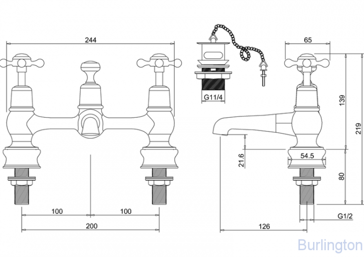 Смеситель для раковины на 2 отверстия Regent, с пробкой и цепочкой [CLR10]