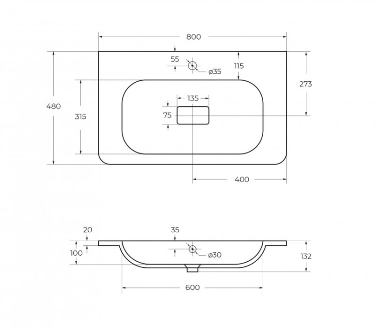 Раковина из искусственного мрамора 800х480х135 Cezares CZR-800/480-LV-MR-NV