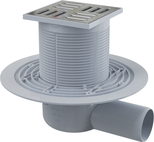 Сливной трап 105×105/50 мм боковой сток, решетка из нержавеющей стали, гидрозатвор мокрый Alcadrain APV1311