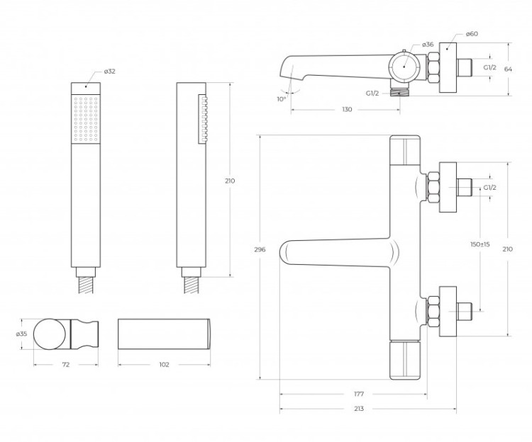 Смеситель для ванны и душа в комплекте с ручным душем, шлангом и держателем Cezares UNO-VASM/DFS-ORO