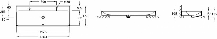 Накладная раковина 120 х 45 см с переливным отверстием и 2 отверстиями для смесителя Jacob Delafon VOXEVA122-00