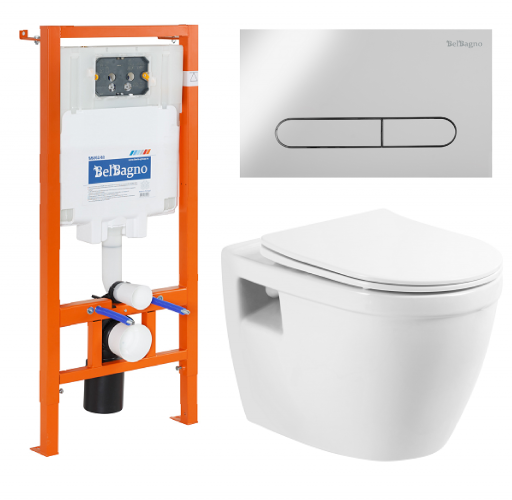 Унитаз подвесной с сиденьем BelBagno LOTO + Система инсталляции для унитазов с кнопкой смыва BB005-PR-CH Cezares BB070CHR/SC/BB002-80/BB005-PR-CHROME