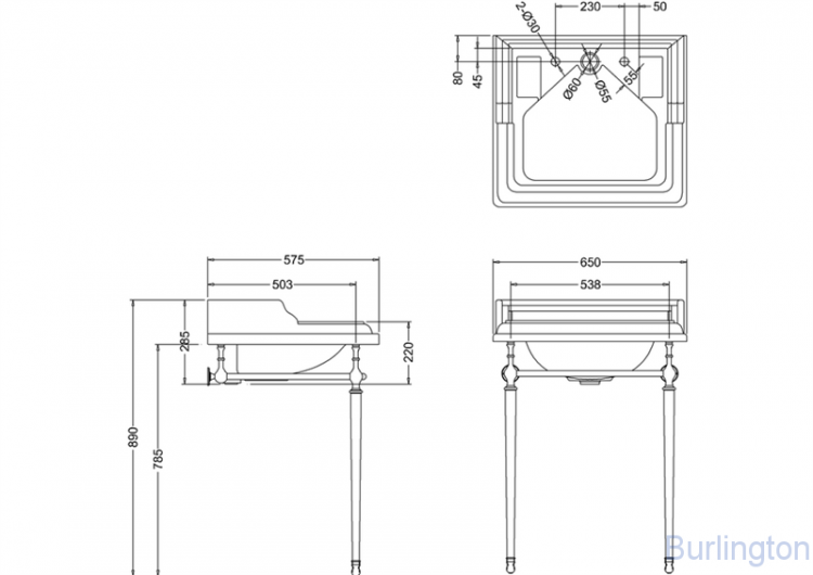 Классическая раковина со скрытым сливом-переливом на 2 отверстия с хромированным подстольем