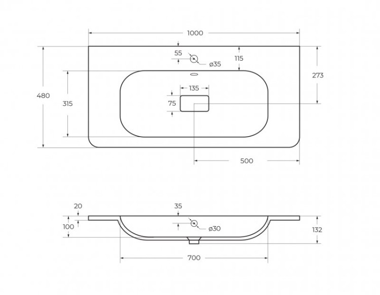 Раковина из искусственного мрамора, 1000x480x135 Cezares CZR-1000/480-LV-MR-NV