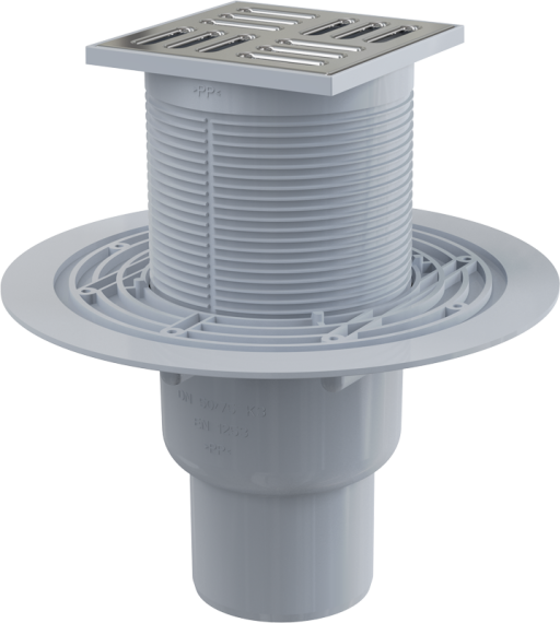 Сливной трап 105×105/50/75 мм прямой сток, решетка из нержавеющей стали, гидрозатвор мокрый Alcadrain APV2311