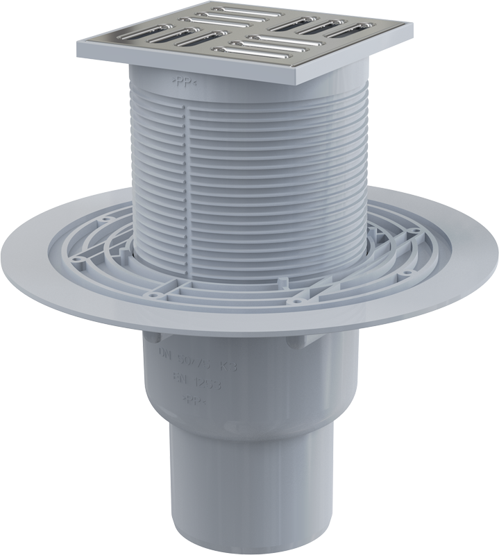 Сливной трап 105×105/50/75 мм прямой сток, решетка из нержавеющей стали, гидрозатвор мокрый Alcadrain APV2311