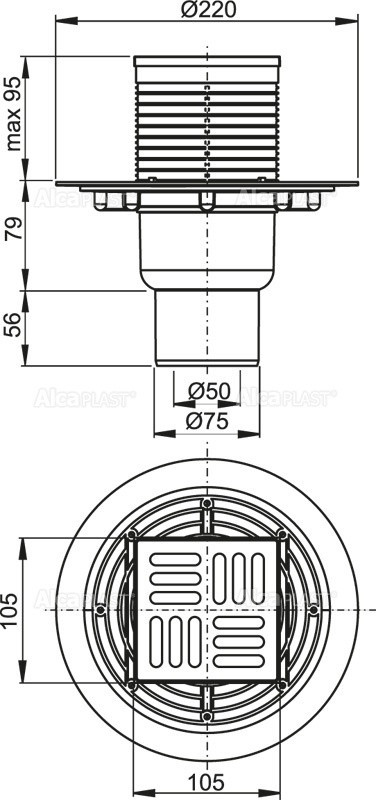 Сливной трап 105×105/50/75 мм прямой сток, решетка из нержавеющей стали, гидрозатвор мокрый Alcadrain APV2311