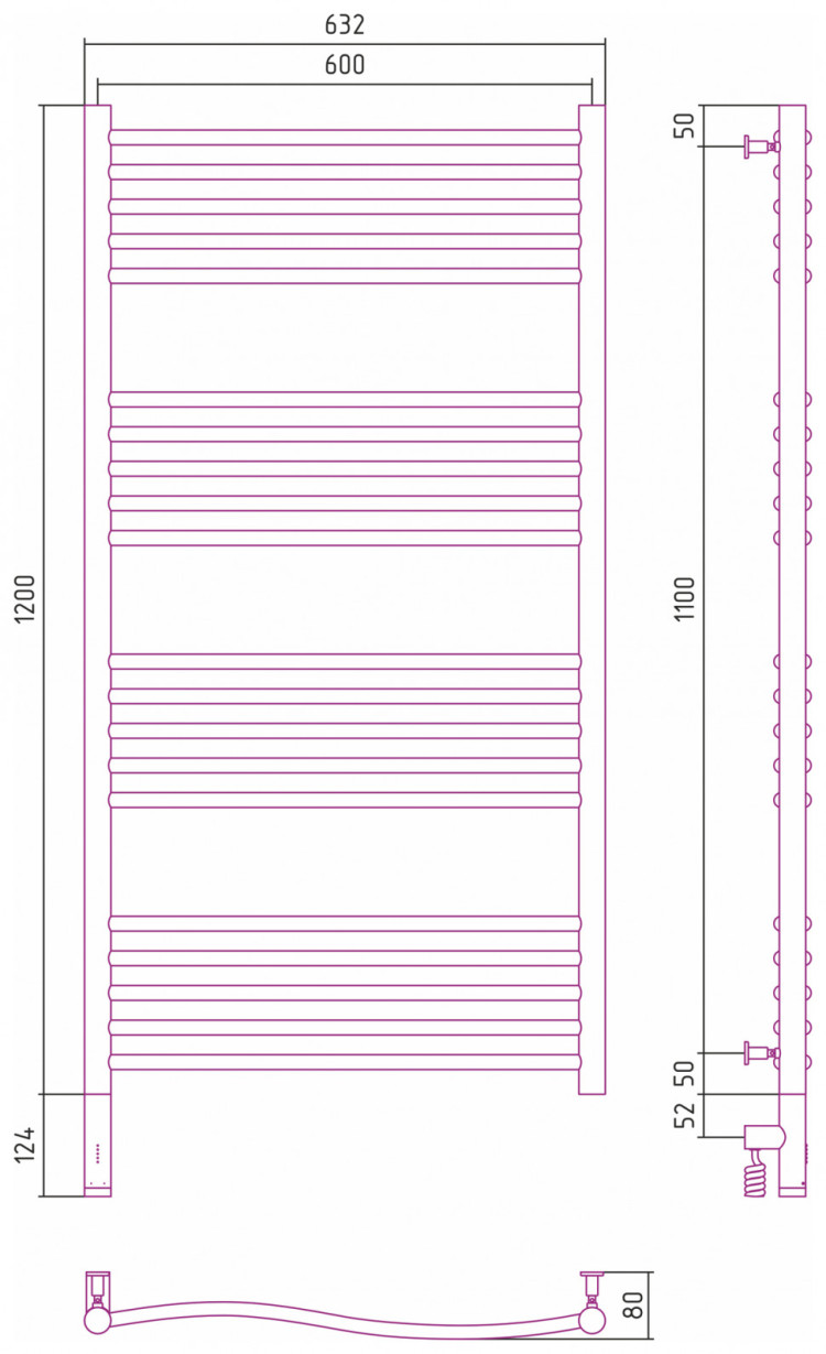 Полотенцесушитель электрический Сунержа Флюид 3.0 1200х600 МЭМ левый Без покрытия