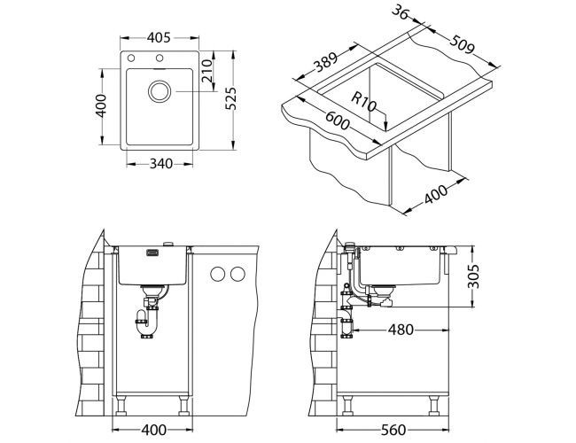 Мойка PURE 10 KMB-90 405X525 в компл.с сифоном 1127252,