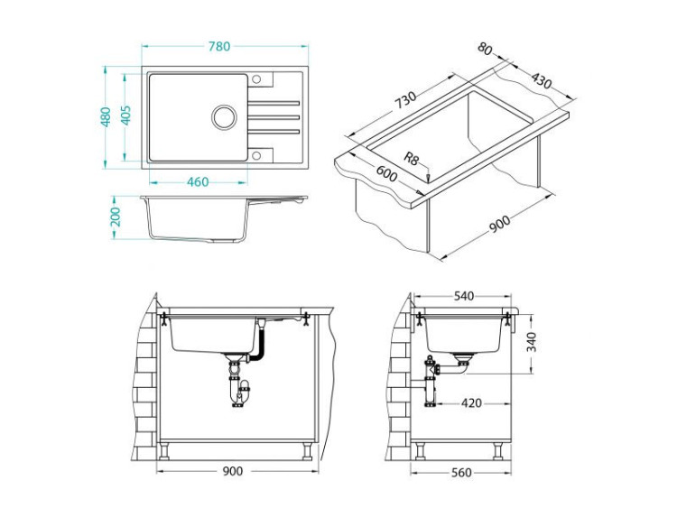 Мойка INTERMEZZO 130 GRANITAL CARBON - G91 780X480X200 1X в компл.с сифоном 111729,