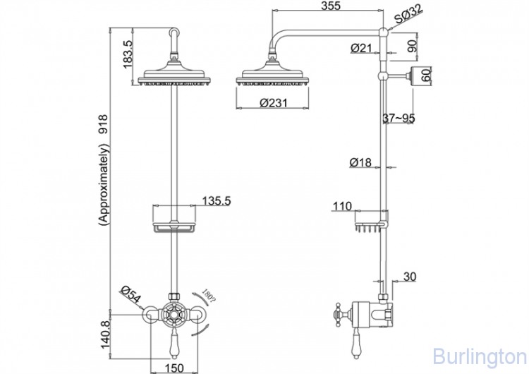 Душевая стойка с внешним термостатом на 1 выпуск, верхняя лейка 9' [H5-BI]