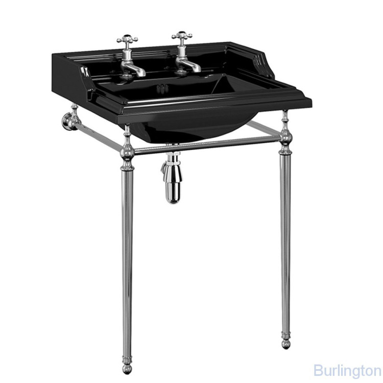 Классическая чёрная раковина на 1, 2 или 3 отверстия с хромированным подстольем