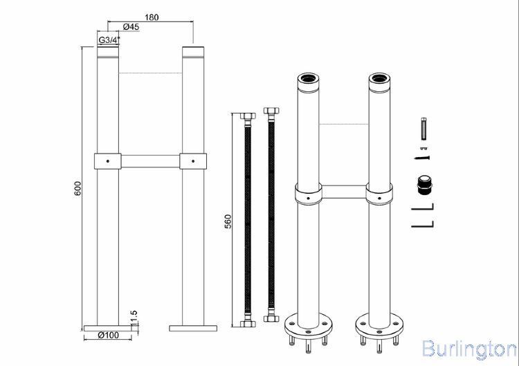 Трубы подвода воды с горизонтальной перемычкой, ХРОМ