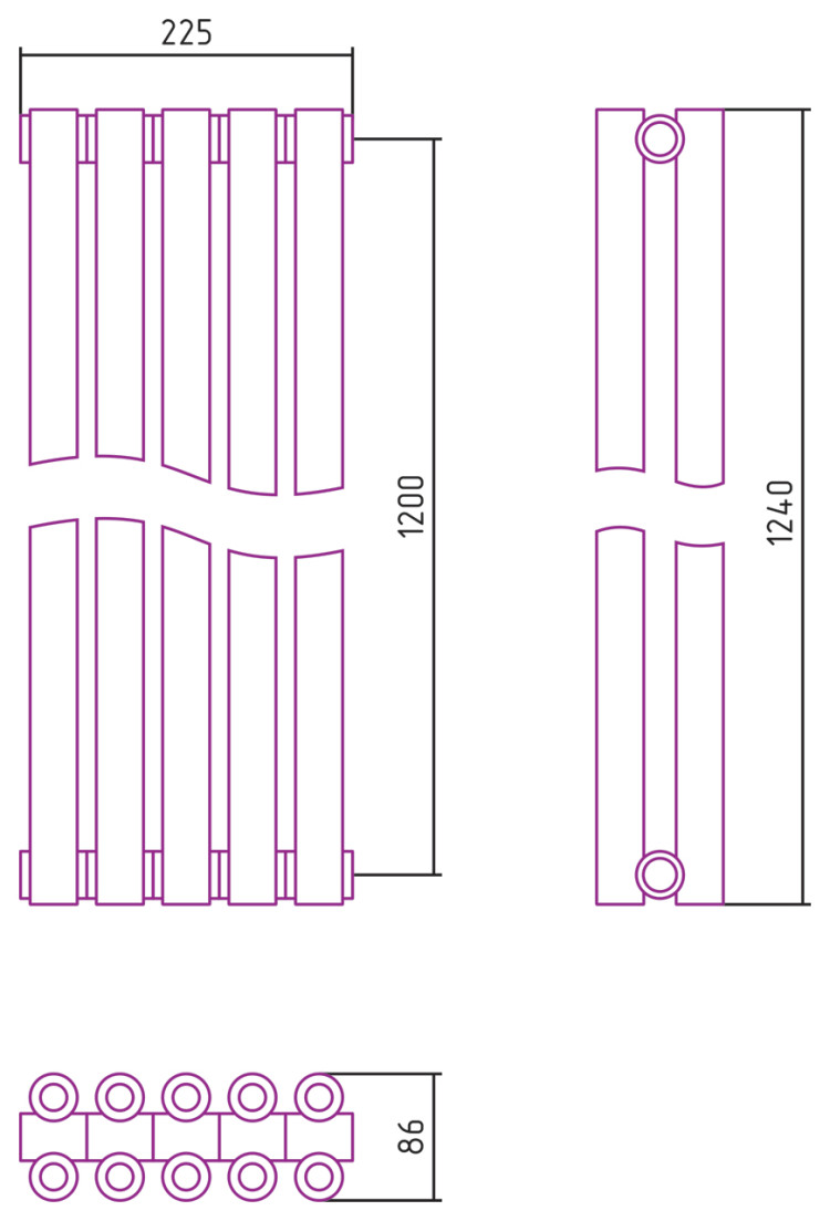 Отопительный радиатор Сунержа Эстет-00 1200х225 5 секций Матовый чёрный
