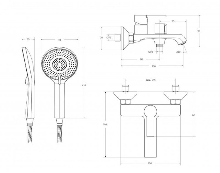 Смеситель для ванны и душа в комплекте с ручным душем, шлангом и держателем Cezares AURORA-VASM-CRM