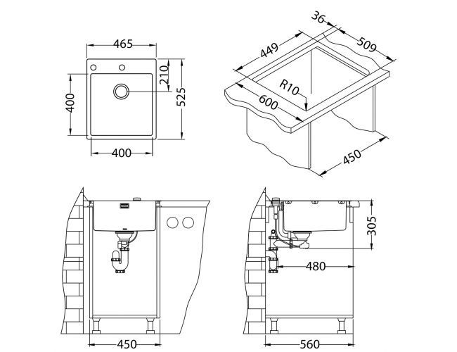 Мойка PURE 20 KMB-90 465X525 в комплекте с сифоном 1127252,