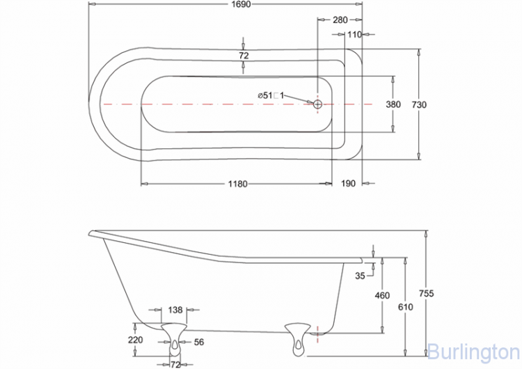 Ванна акриловая Harewood Slipper  без ножек