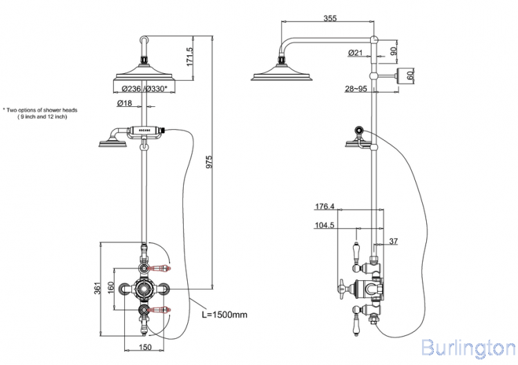 Душевая стойка с внешним термостатом на 2 выпуска, верхняя лейка 12', ХРОМ [BARC74 + V60]