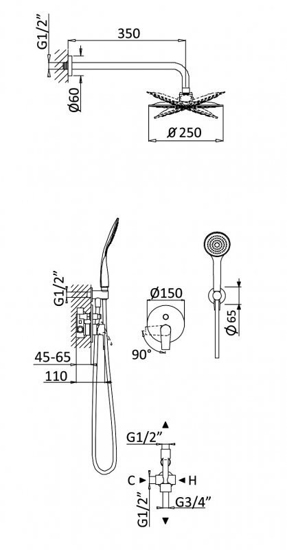 Душевая система с переключателем для верхнего и ручного душа, верхний душ из стены, диаметр 25 см, верхняя лейка металл Cezares NAUTIC-DSIP-SS