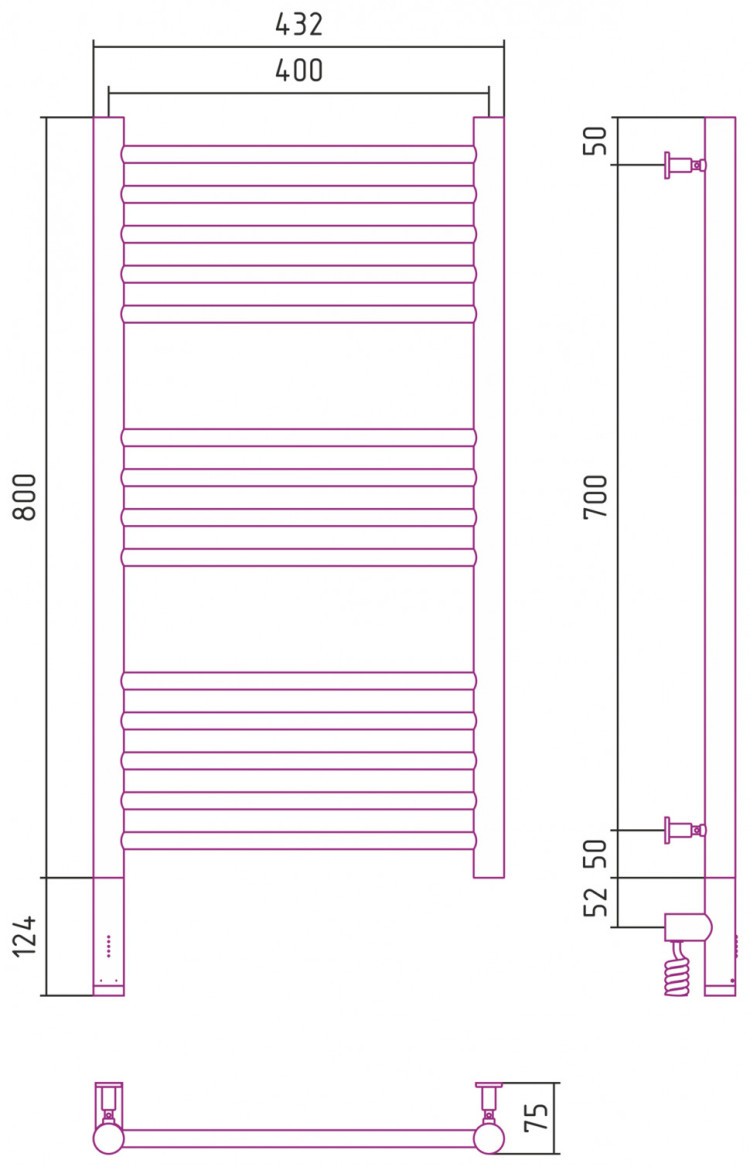 Полотенцесушитель электрический Сунержа Богема 3.0 прямая 800х400 МЭМ левый Матовый белый