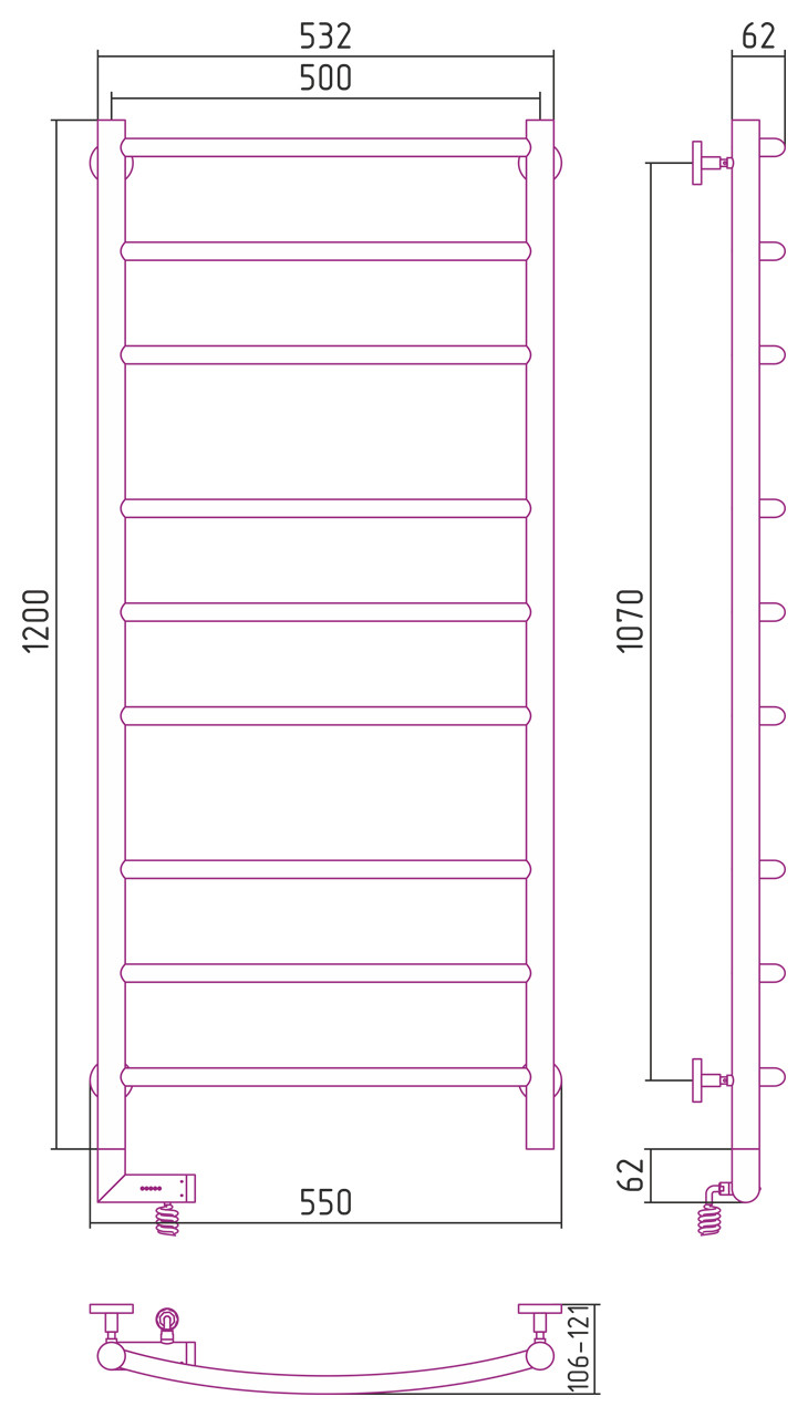 Полотенцесушитель электрический Сунержа Галант 2.0 1200х500 МЭМ левый Матовый чёрный