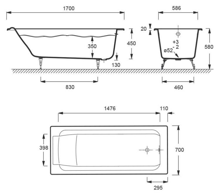 Чугунная ванна Jacob Delafon Parallel 150x70