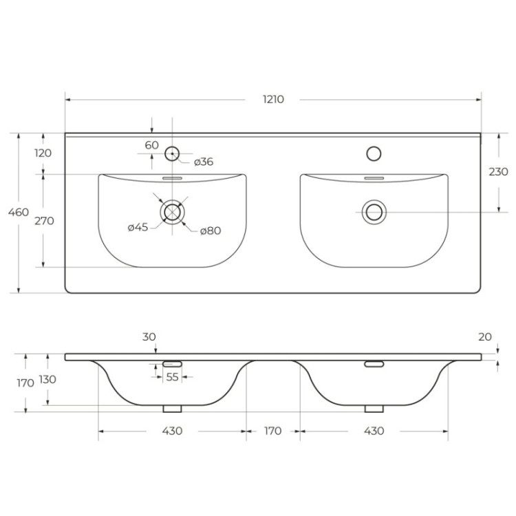 Керамическая раковина с двумя чашами 1210x460x170 BelBagno CZR-8099-120-2