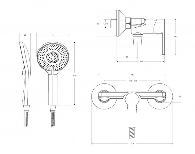 Смеситель для душа в комплекте с ручным душем, шлангом и держателем Cezares AURORA-ESDM-CRM
