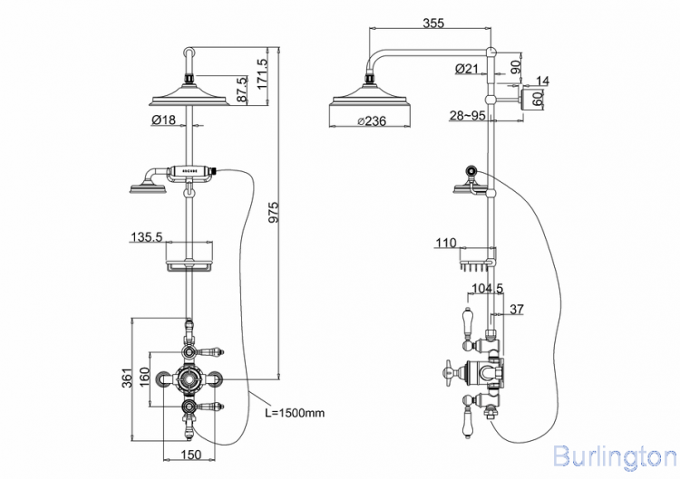 Душевая стойка с внешним термостатом на 2 выпуска, верхняя лейка 9', НИКЕЛЬ [H401-ARC]