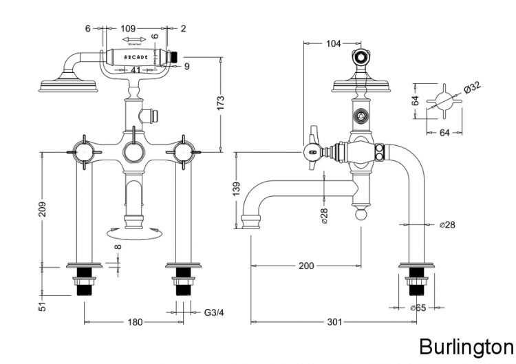 Смеситель для ванны набортный, ручки - крестики, никель [ARC18]