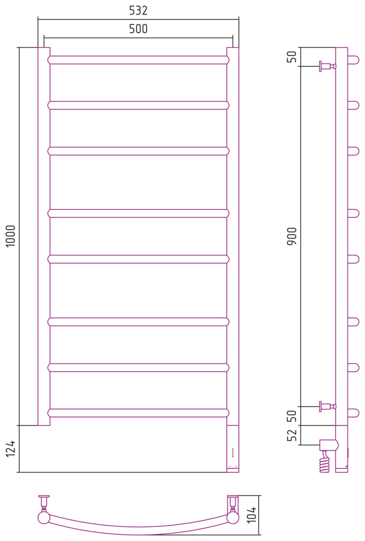 Полотенцесушитель электрический Сунержа Галант 3.0 1000х500 МЭМ правый Без покрытия