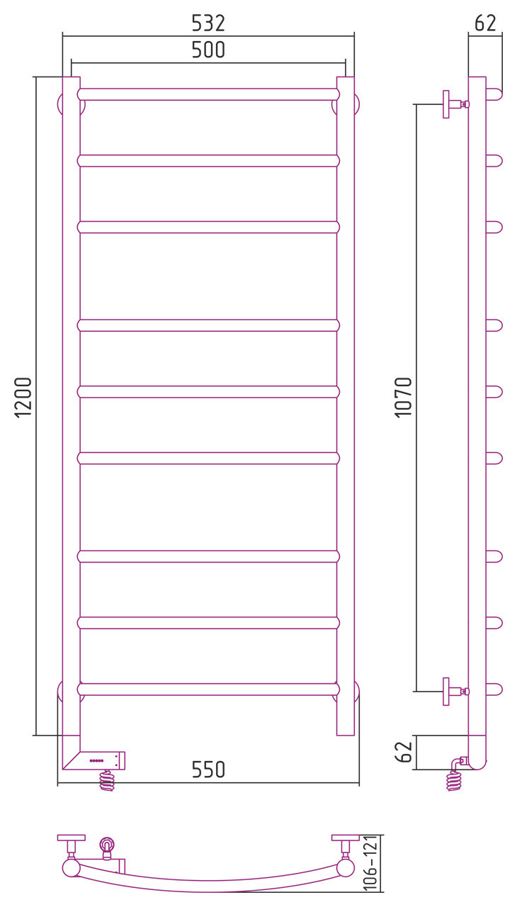 Полотенцесушитель электрический Сунержа Галант 2.0 1200х500 МЭМ левый Состаренная бронза