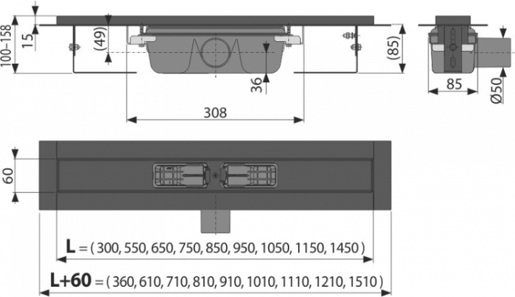 Водоотводящий желоб с порогами для перфорированной решетки, черный-мат Alcadrain APZ1BLACK