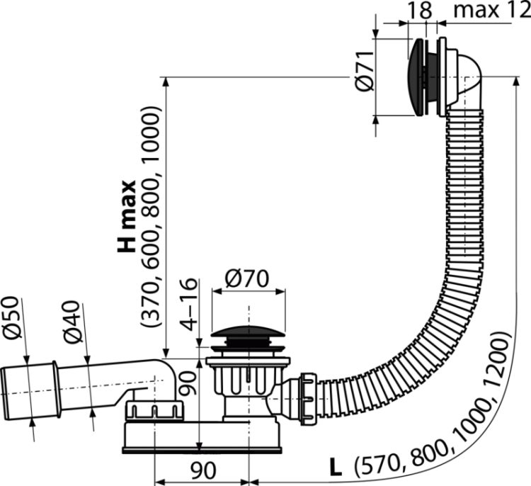 Сифон для ванны CLICK/CLACK, черный-мат Alcadrain A507BLACK