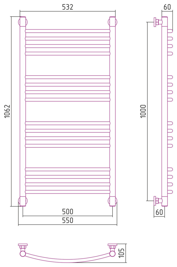 Полотенцесушитель водяной Сунержа Богема+ выгнутая 1000х500 Золото