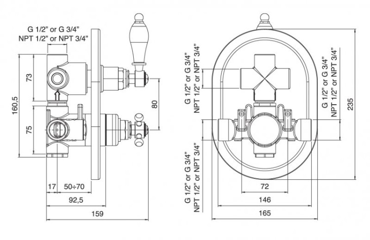 Встраиваемый термостатический смеситель на 2 выхода,с девиатором Cezares VENEZIA-VDIM2-T-02-Bi