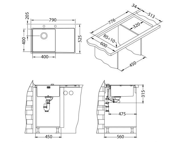 Мойка PURE 40L KMB-90 790X525 левая в компл. с сифоном 1127252,