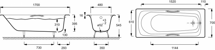 Ванна 170 х 70 см с отверстиями для ручек Jacob Delafon MELANIE E2925-00